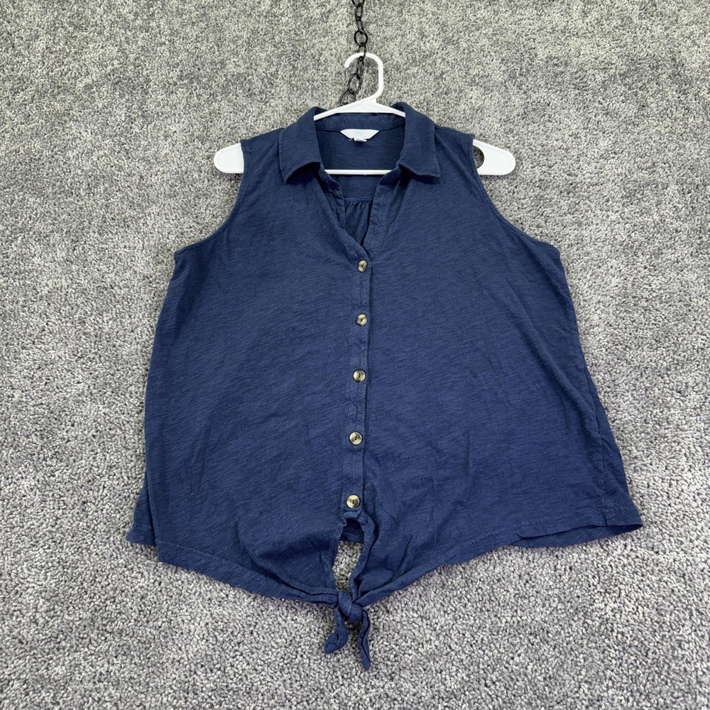 Time And Tru Shirt Womens L Blue Sleeveless Button Up Tie Front Cotton Casual